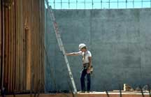 a construction worker leans against a ladder