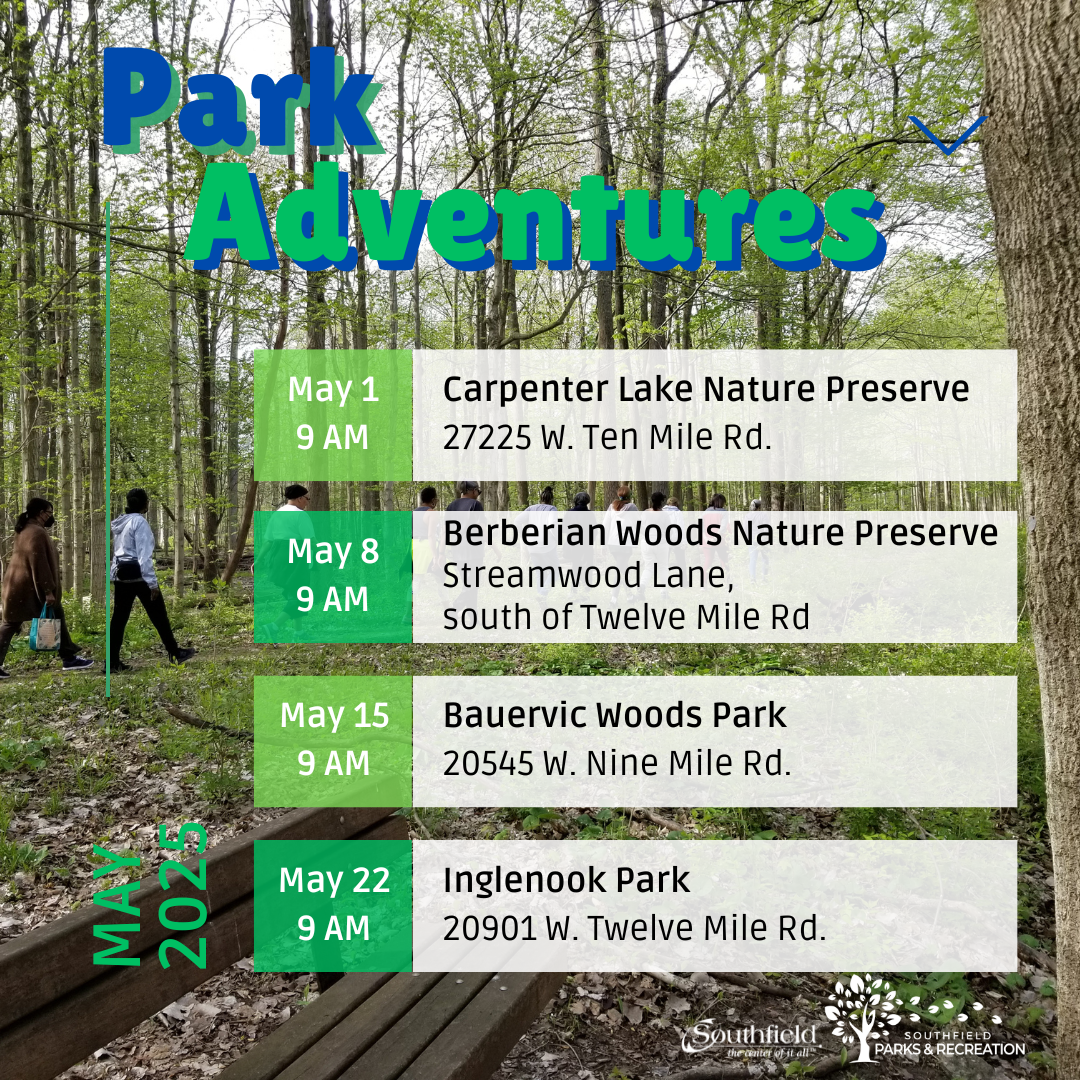 Picture of group walking on the trail in the distance at Berberian Woods Nature Preserve with May schedule for Park Adventures walks