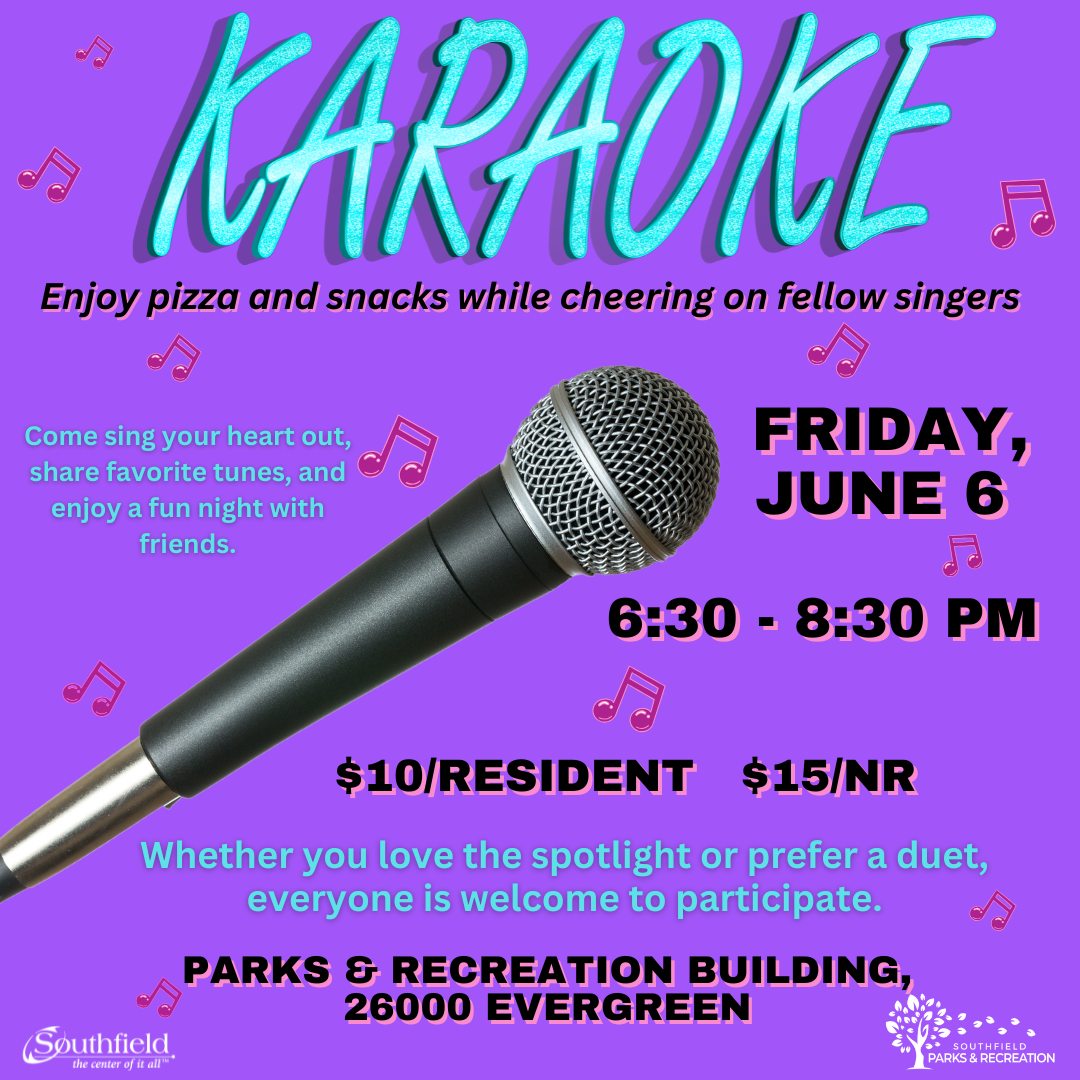 Informational graphic with a microphone on a purple background with details on Senior Services' Karaoke Night on June 6