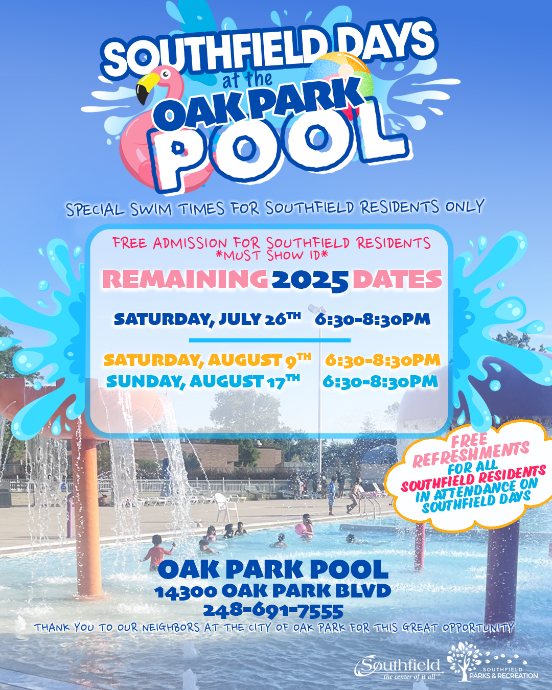 informational graphic with details about the Southfield Day at the Oak Park Pool program