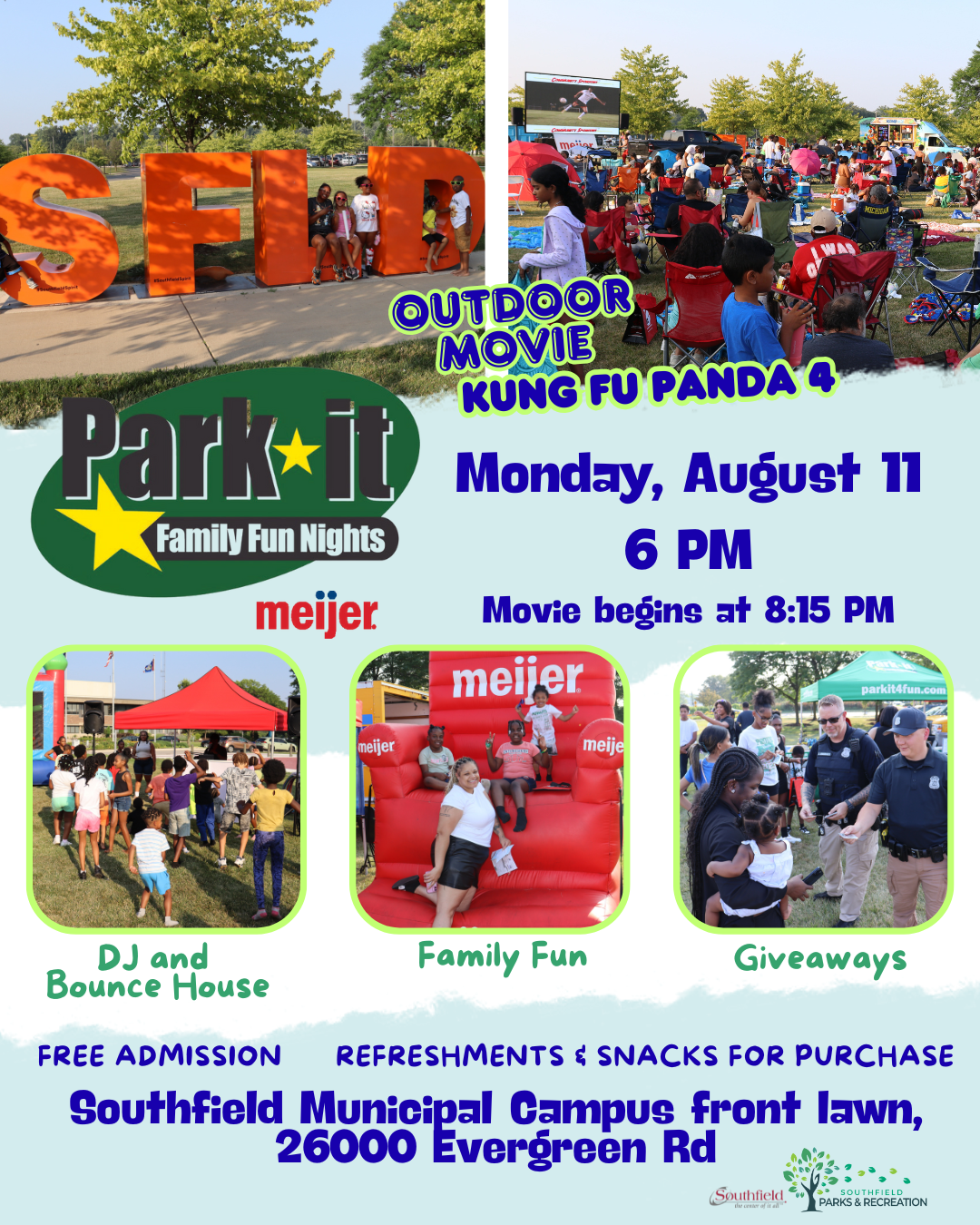 Informational graphic featuring pictures of families and kids enjoying the July Park It event