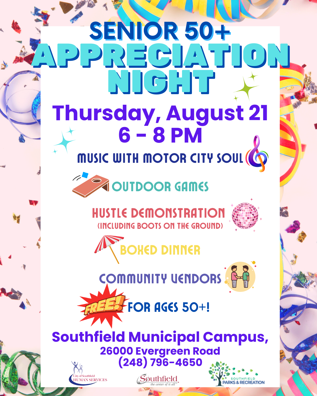 informational graphic for the Senior Appreciation Night event featuring streamers, confetti and other celebratory items