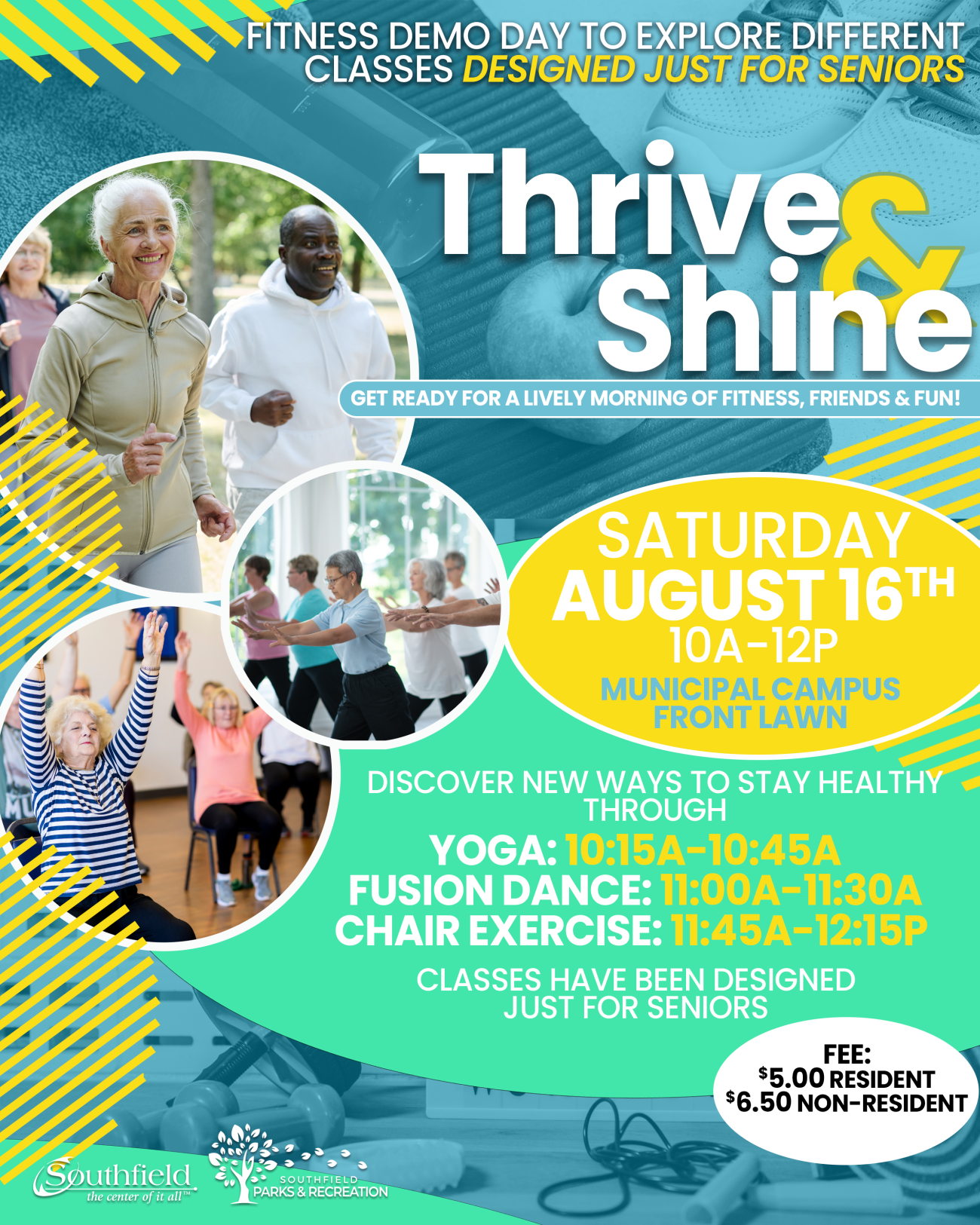 informational graphic with details about the Thrive & Shine fitness demo event for seniors on August 16