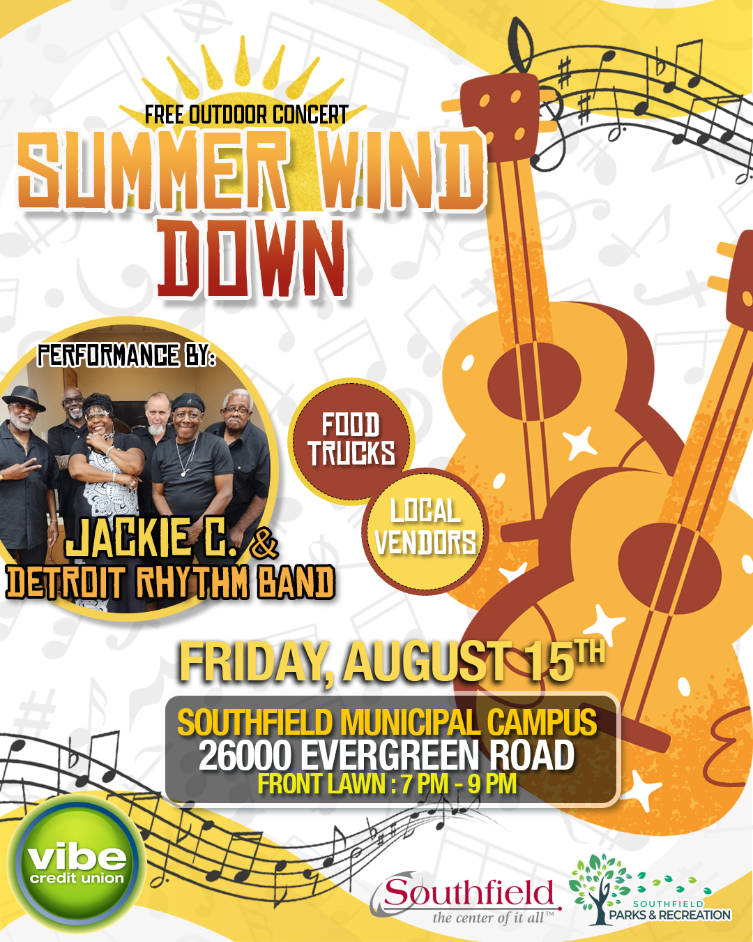 Informational graphic for the Summer Wind Down concert featuring a small picture of the band along with event details and musical notes and guitars