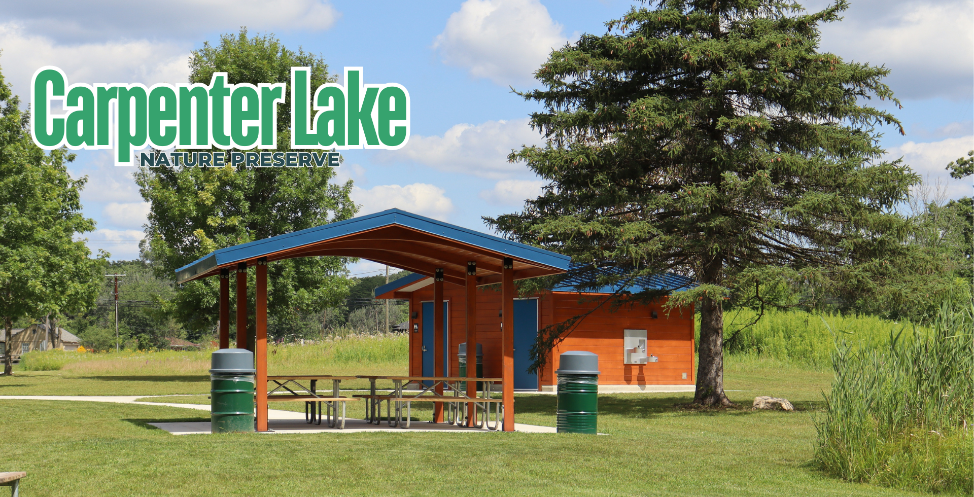 Picture of the new open-air shelter and year-round restroom facility at Carpenter Lake Nature Preserve