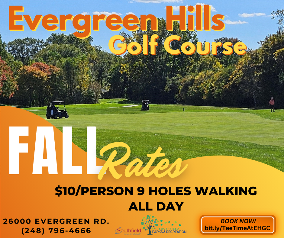 graphic featuring a picture of the golf course with some trees with leaves changing color