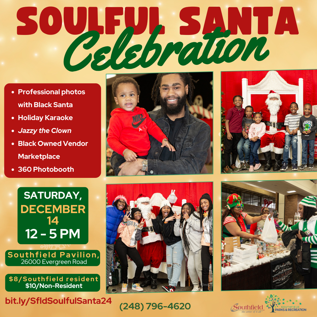 informational graphic featuring photos from the 2023 Soulful Santa Celebration featuring happy families and people posing with Santa