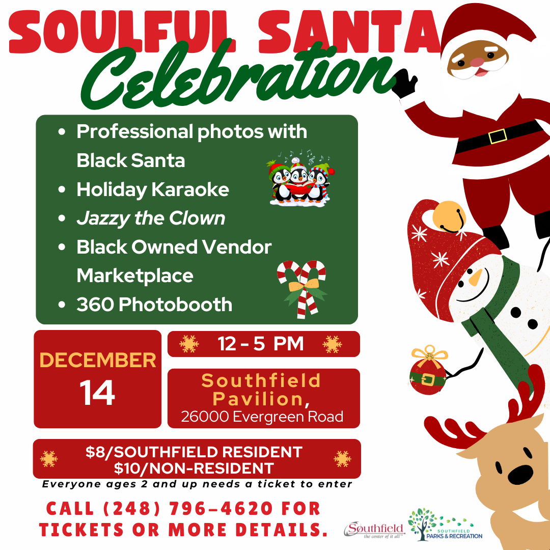 Graphic with Santa, a snowman and a reindeer with details on the Soulful Santa Celebration