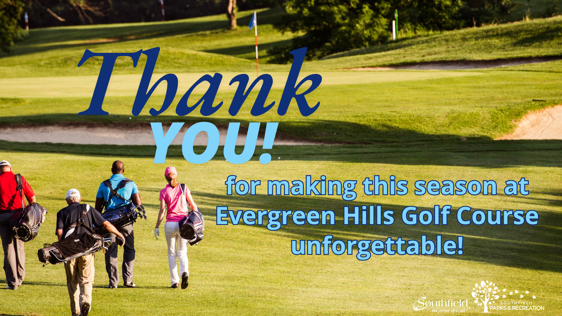 a group of people walking on a golf course with their golf bags