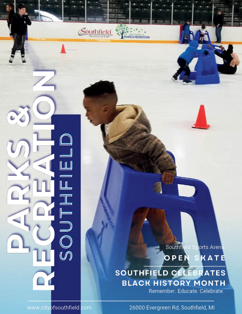 picture of the cover of the 2025 winter activities guide featuring a child ice skating with a skate helper