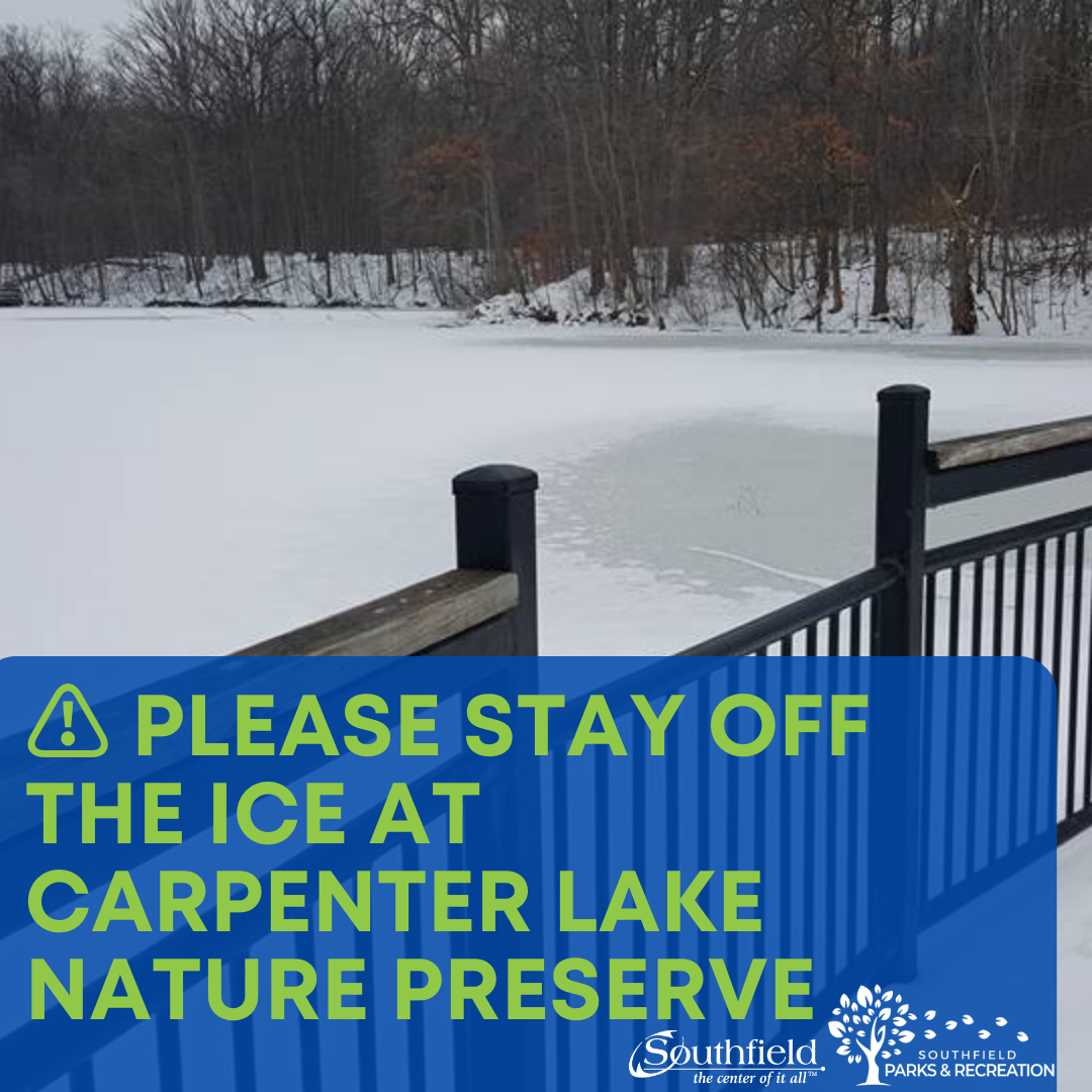 Picture of a mostly ice-covered Carpenter Lake from the fishing platform