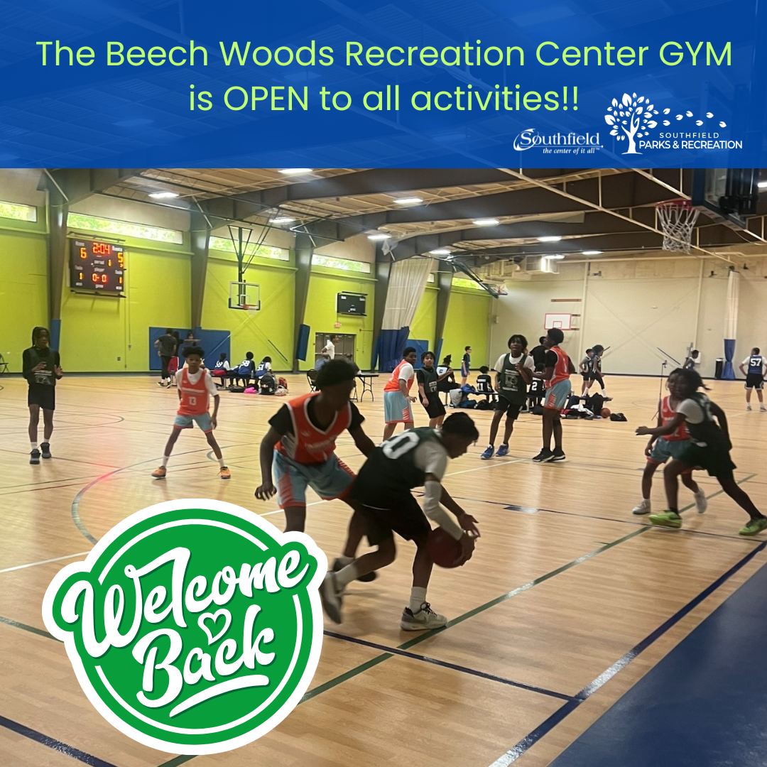 a group of kids playing basketball in the Beech Woods Recreation Center gym with the gym back open announcement