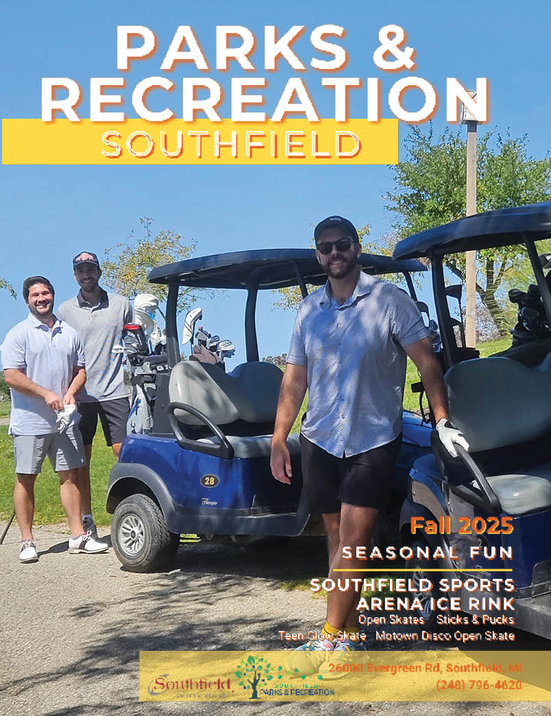 cover of the Fall 2025 Parks & Recreation Activities Guide with 3 smiling golfers beside their carts