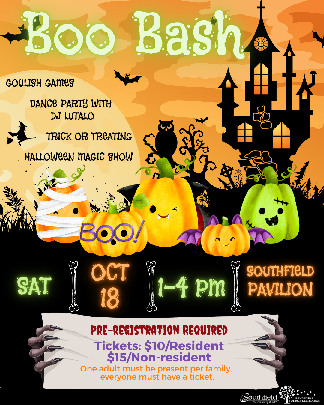 Halloween themed informational graphic concerning Boo Bash event on October 18