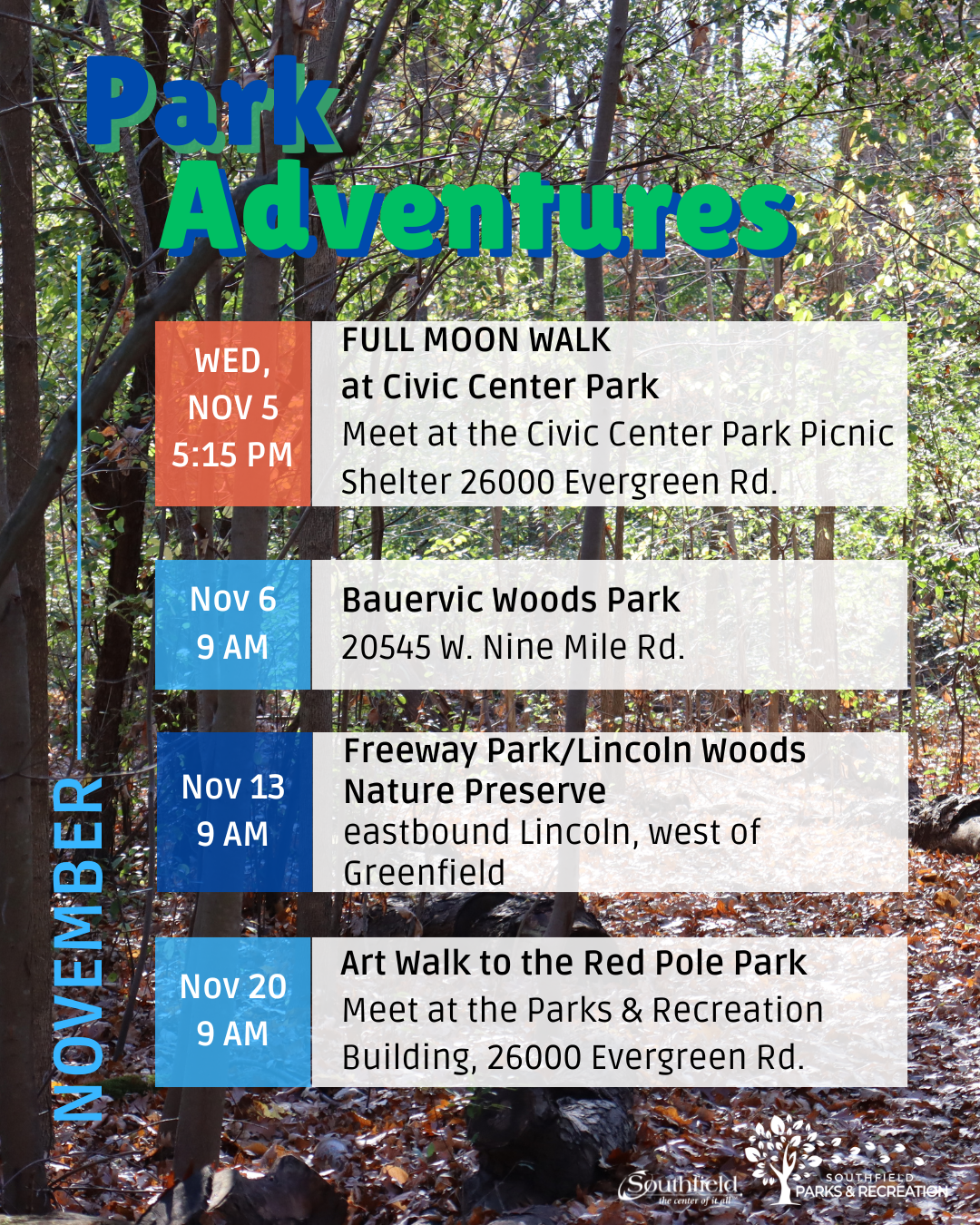Informational graphic featuring a picture of the Civic Center Park nature trail in fall